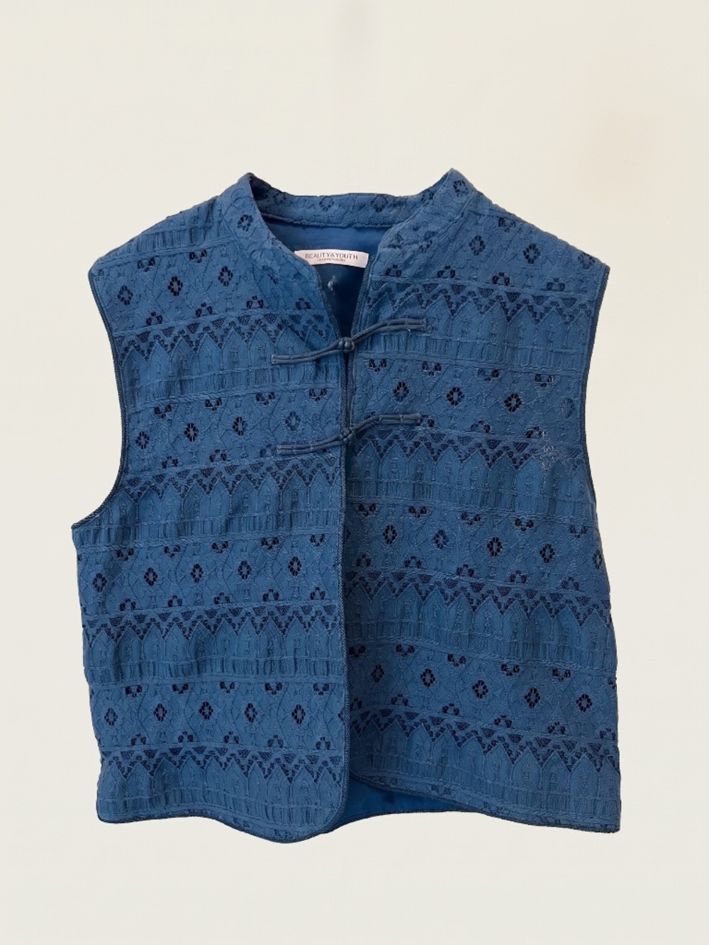 BEAUTY & YOUTH United Arrows Teal Blue Lace Mandarin Collar Frog Button Vest Top